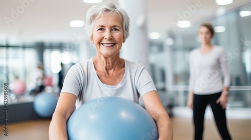 woman exercising with dumbbells in gym. senior woman exercise generative ai. 