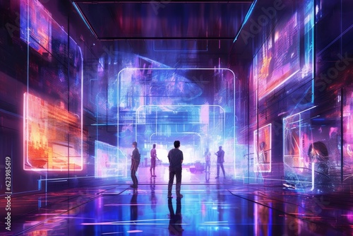 Illustration of living in the city of cyberpunk simulation and metaverse futuristic neon light glow, vr virtual reality , Generative AI © tonstock