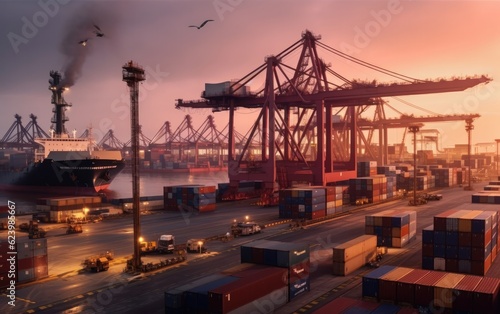 View of the harbor with container ships, Logistics and transportation of cargo ship, logistic import export and transport industry background, Generative AI