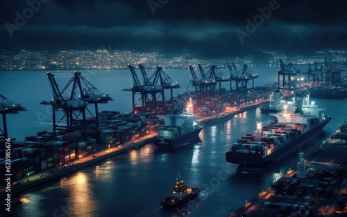 View of the harbor with container ships  Logistics and transportation of cargo ship   logistic import export and transport industry background   Generative AI