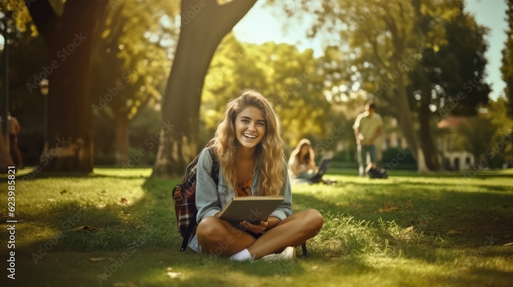 Young girl student with backpack and books sitting on grass with friends in park, Generative AI Young girl student with backpack and books sitting on grass with friends in park, Generative AI