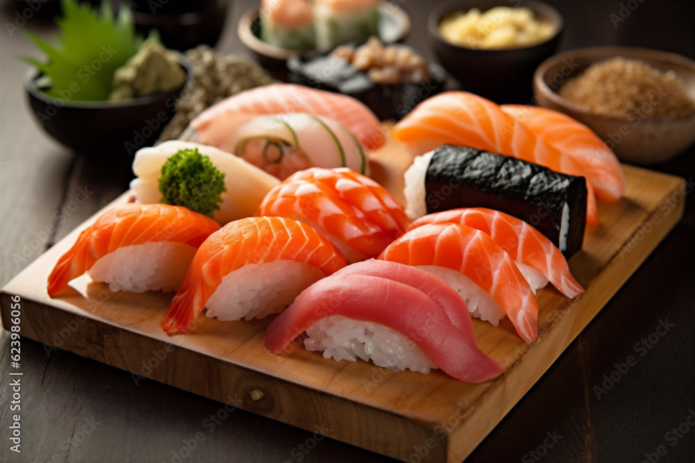 set japanese rice food roll seafood meal japan fish sushi. Generative AI. set japanese rice food roll seafood meal japan fish sushi. Generative AI.