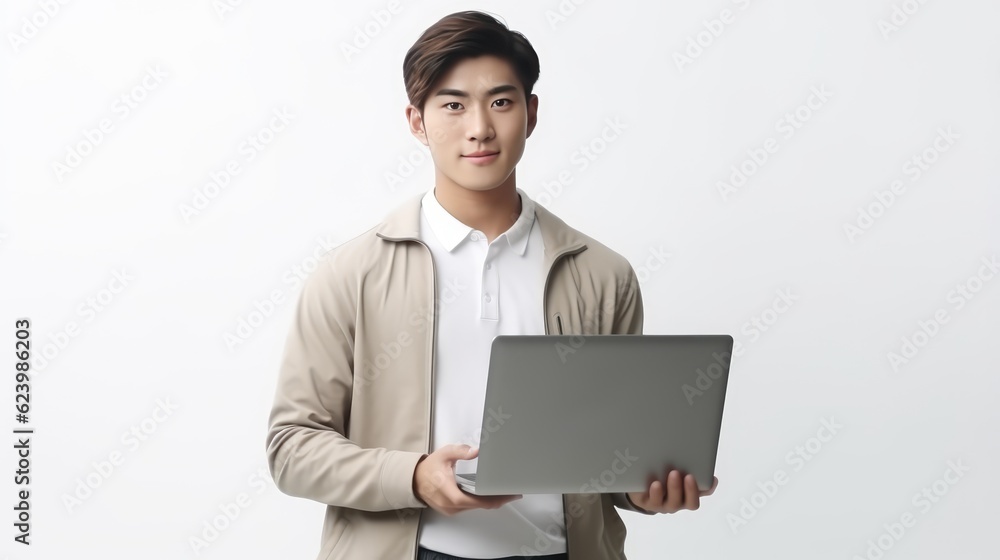 Asian young college student with laptop in hand on white background, Generative AI. Asian young college student with laptop in hand on white background, Generative AI.