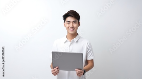 Asian young college student with laptop in hand on white background, Generative AI.