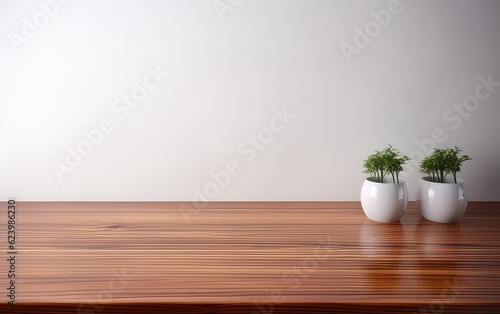 A wooden table topped with small white vases filled with plants on an empty wall background. Can be used to showcase or montage your products.