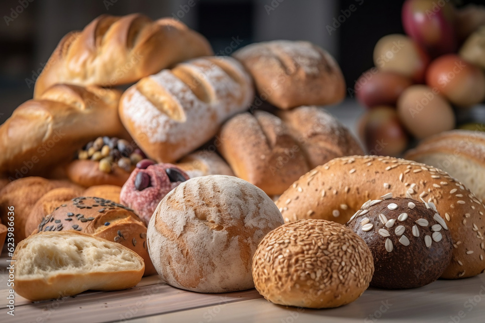Bunch of bread loafs and buns bakery or home cooking concept. Bread background with variety of food from dough, baked goods made from whole wheat and grains. AI generated
