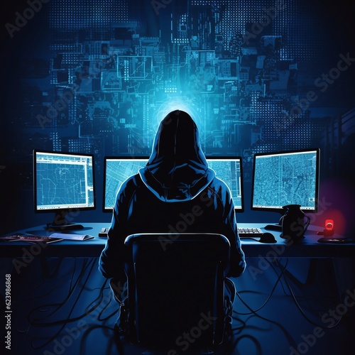 hacker sitting at the computer, cyber security and anti-spyware concept . AI generated