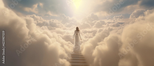 Valokuva A Woman Climbing a Stairway to Heaven Generative AI