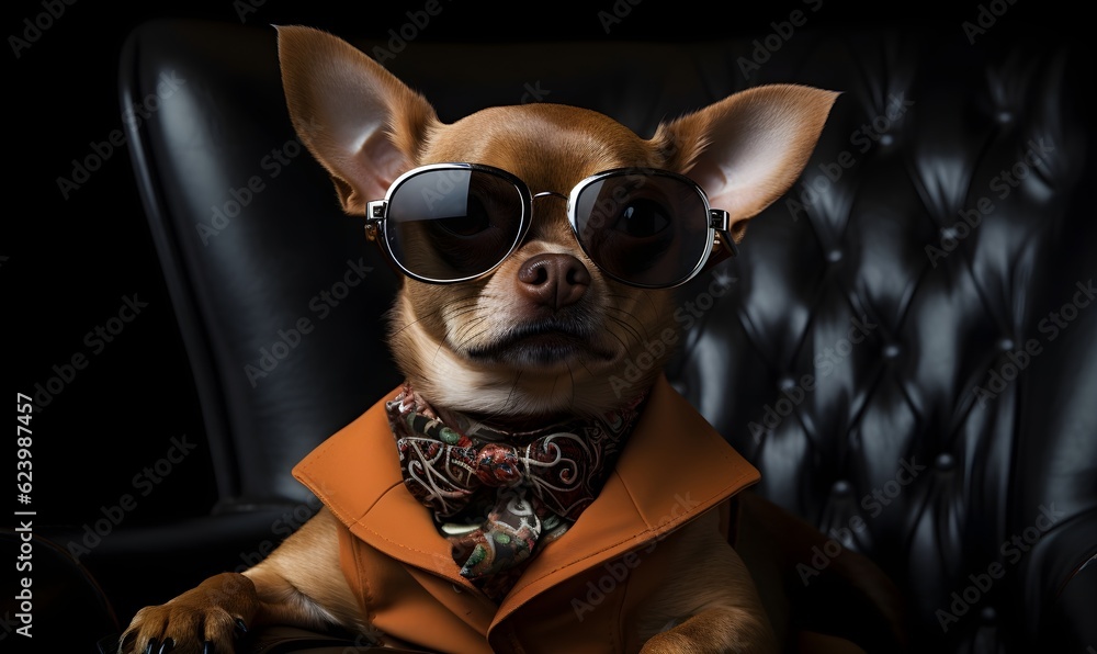 Young and rich chihuahua dog being a head of mafia gang wearing sunglasses