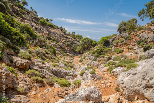 View of the hiking trail from Stavros to Katholiko Bay and Gouverneto Monastery, Stavros, Akrotiri district of the city of Chania, Crete, Greece