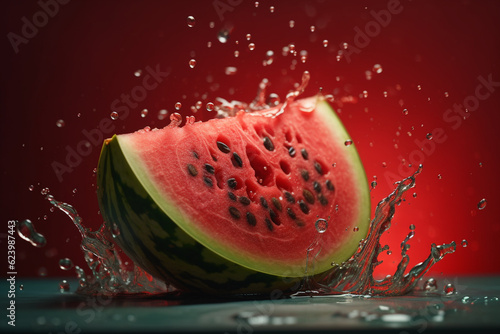 Watermelon with splashes of water on a black background. Toned.