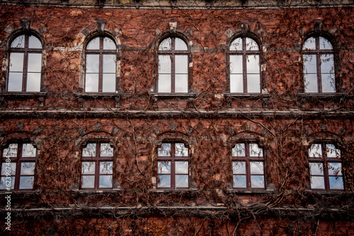 Facade of a old european historical building with vintage windows and doors