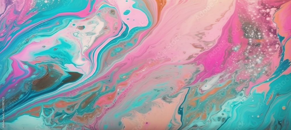 Abstract liquid soft pink teal splash marble texture background. Generative AI technology.