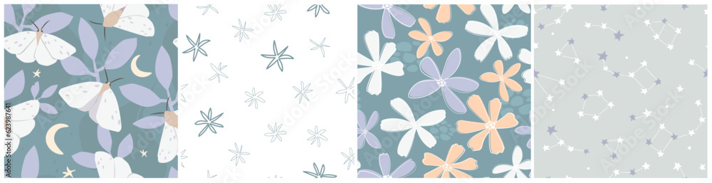A set of seamless patterns with an abstract natural print. Butterflies, leaves, flowers, the starry sky. Vector graphics. A set of seamless patterns with an abstract natural print. Butterflies, leaves, flowers, the starry sky. Vector graphics.