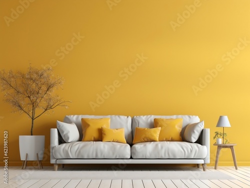 Vibrant yellow empty wall with cozy beige sofa interior design of modern living room generative ai