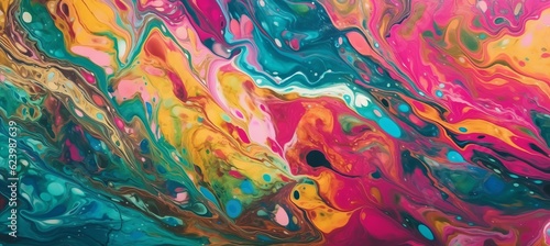Liquid oil painting marble texture background. Teal pink yellow colors. Generative AI technology.