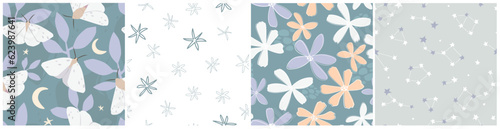 A set of seamless patterns with an abstract natural print. Butterflies  leaves  flowers  the starry sky. Vector graphics.