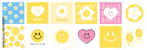 Happy cute smile sticker Hand-drawn style collection. Stickers, backgrounds, patterns, poster. illustrations. a cartoon style. Latest hand-drawn vector illustration of flat design