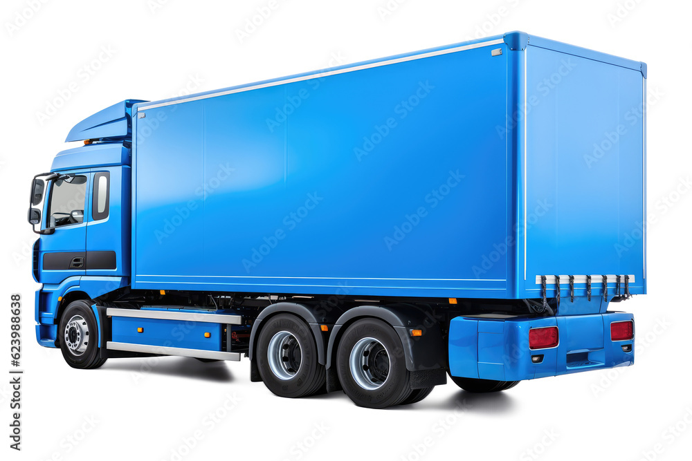 Modern blue European-style cargo truck rear back left side corner angle view, isolated