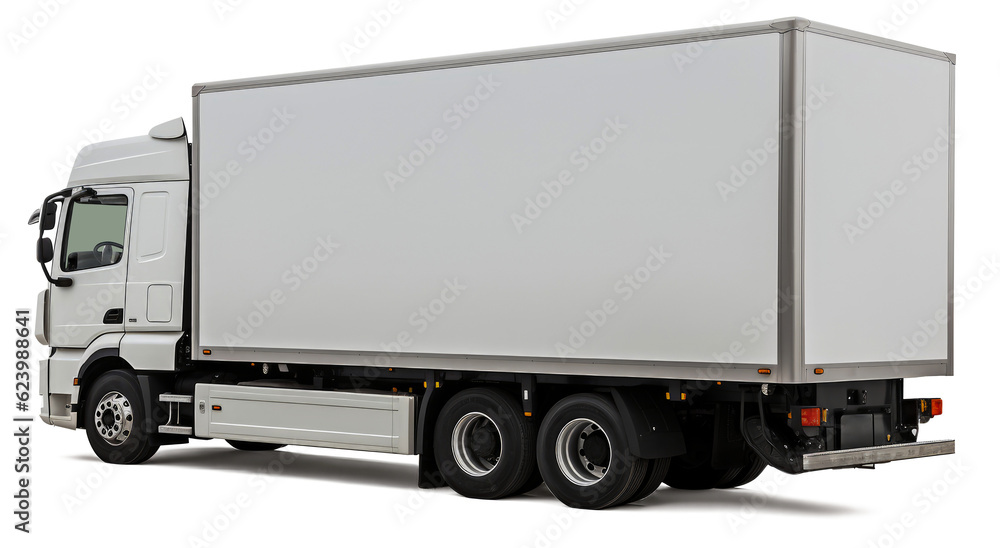 Modern white European-style cargo truck rear back left side corner angle view, isolated Modern white European-style cargo truck rear back left side corner angle view, isolated
