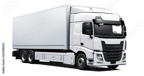 Modern white European-style cargo truck front right side corner angle view, isolated