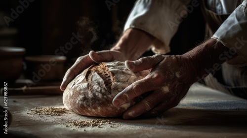 A bakers hands gently dust a rustic loaf of bread photo