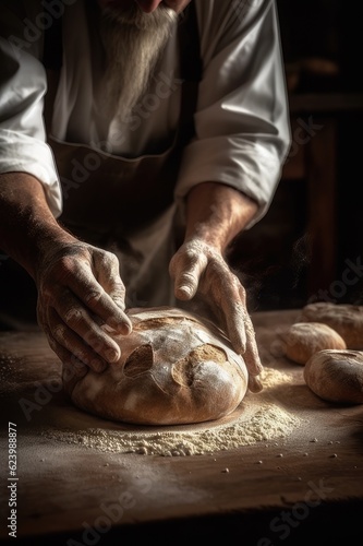 A bakers hands gently dust a rustic loaf of bread photo