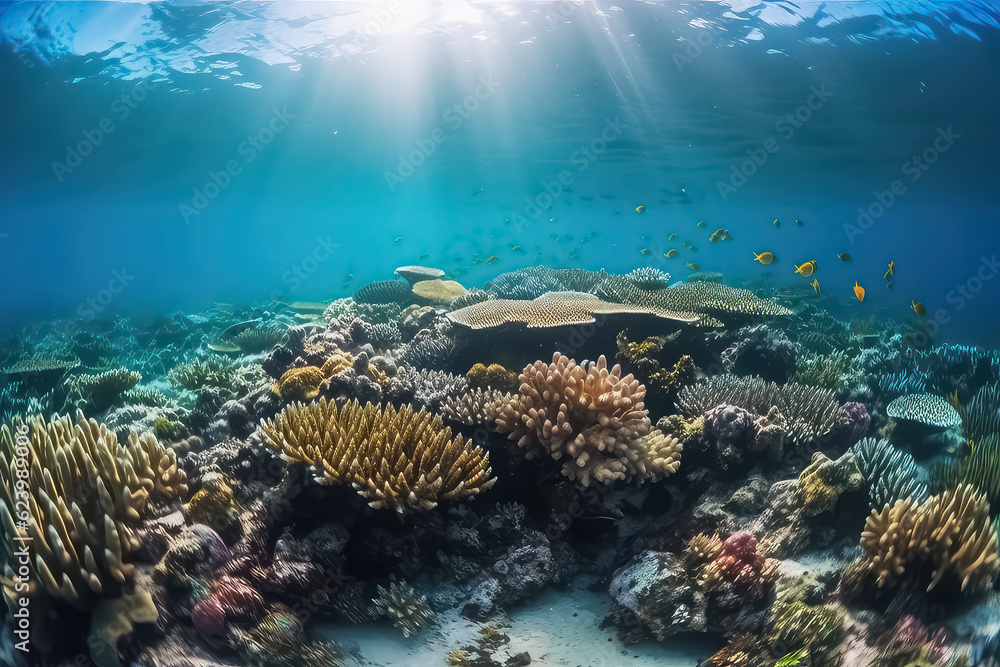 Obraz premium underwater coral reef landscape background in the deep blue Maldives ocean, AI