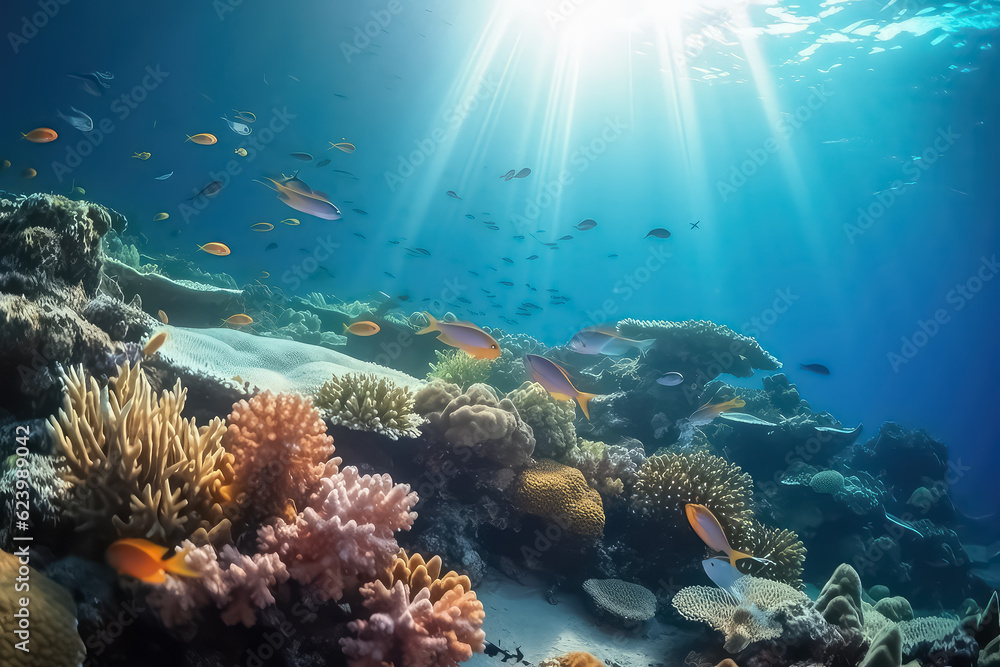 Fototapeta premium underwater coral reef landscape background in the deep blue Maldives ocean, AI
