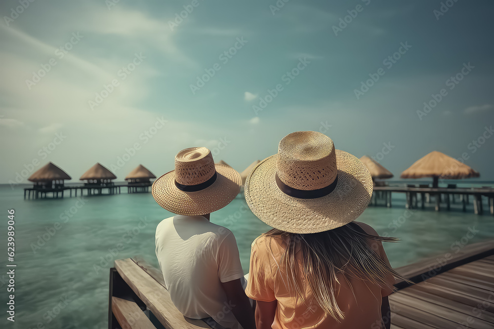 A beautiful tourist couple with hats sits on a tropical beach Maldives, AI
