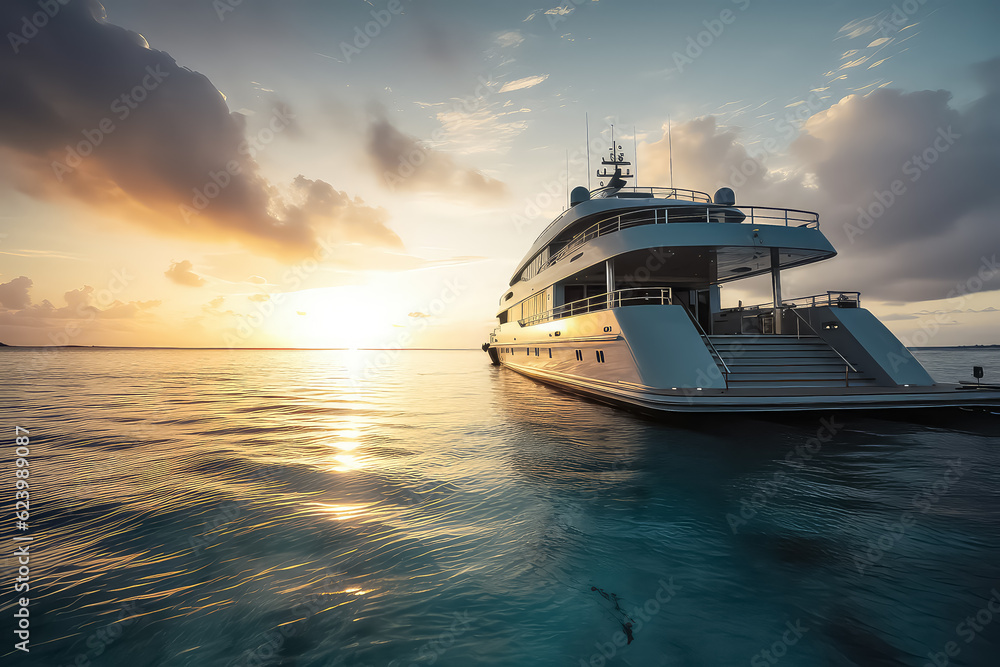 Concept of travel vacation and vessel trip. luxury yacht sailing on ocean in Maldives, tropical island on background, AI