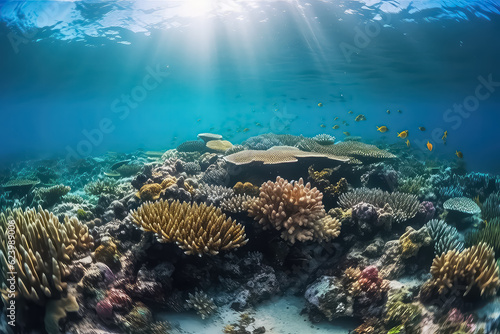 underwater coral reef landscape background in the deep blue Maldives ocean, AI © yurakrasil