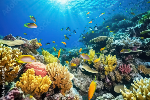 underwater coral reef landscape background in the deep blue Maldives ocean  AI