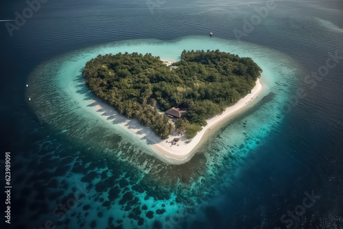 Drone photo Maldivian island in the shape of heart, AI