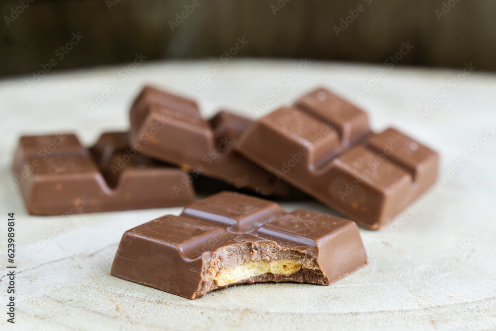Organic dark and mil chocolate squares on a slate tray with monstera leaves in the background. One of de pieces is bitten. Organic dark and mil chocolate squares on a slate tray with monstera leaves in the background. One of de pieces is bitten.