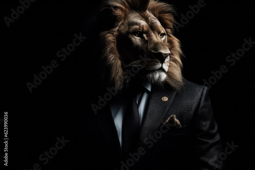Lion in Business Suit on black background, AI