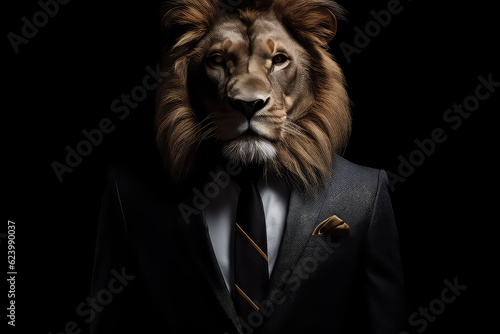 Lion in Business Suit on black background, AI