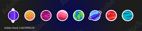 Set of stickers Solar system planets colored icons. Vector Illustration. Isolation on dark blue background. Flat style.