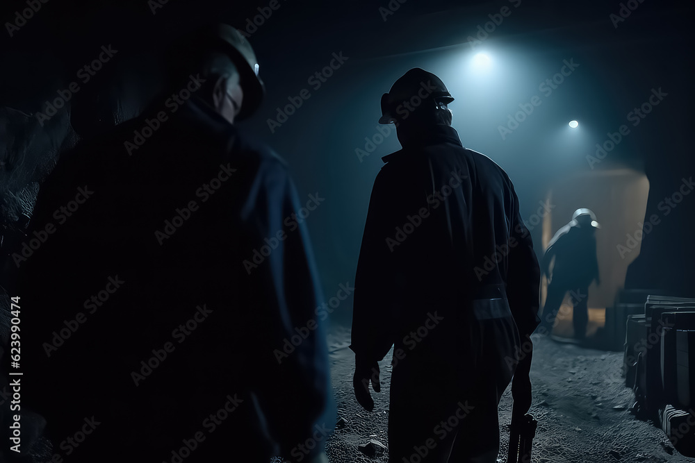 uniformed engineers and workers walk around the plant using flashlights on their helmets. AI
