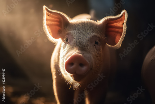 portrait of a pig in a pig farm in a neat and clean indoor livestock farm. AI © yurakrasil