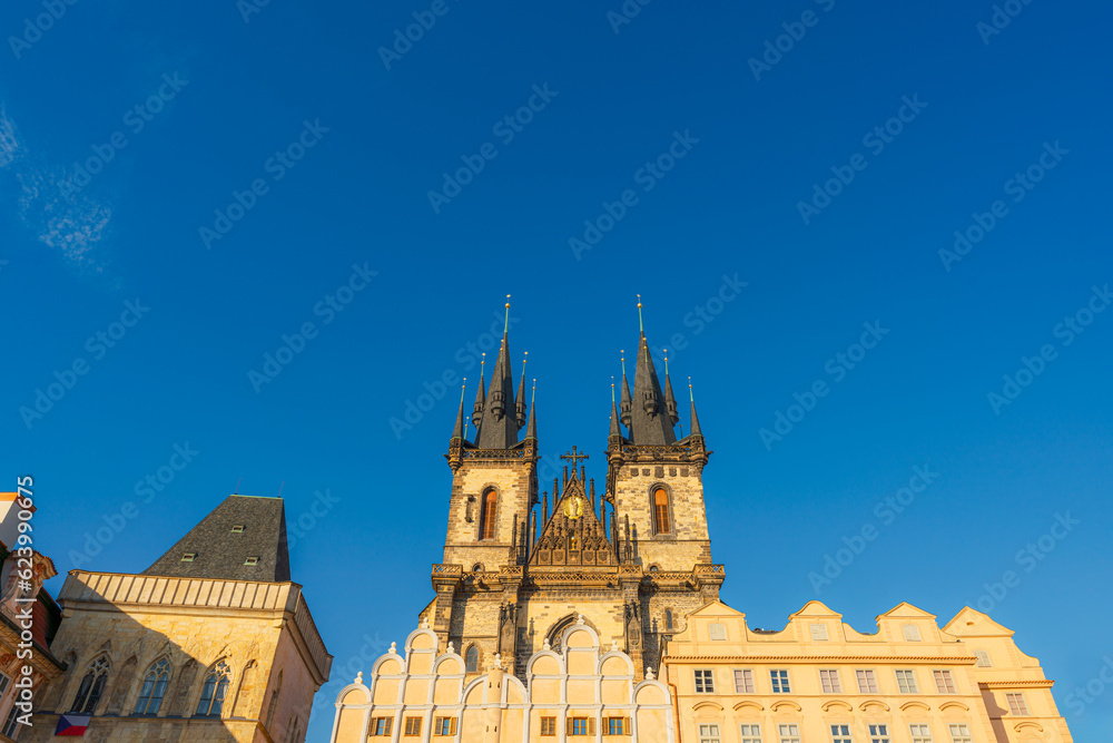 Low-angle view of the Church of Our Lady before Týn in Prague's Old Town Square