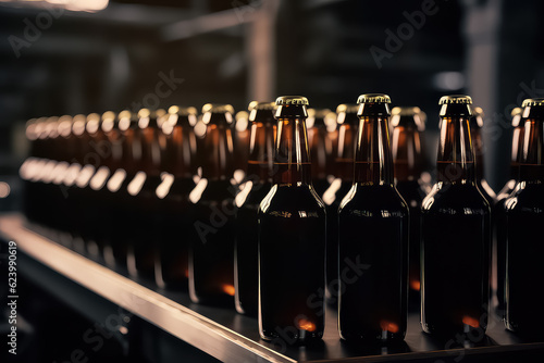 Concept brewery plant production line  Glass bottles of beer on dark background with sun light. AI