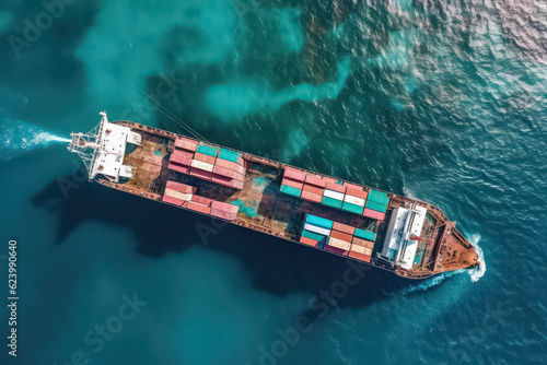 Aerial view container cargo ship, import export commerce, AI