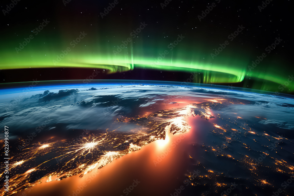 Northern lights on planet Earth. Starry sky with polar lights, Aurora borealis. AI