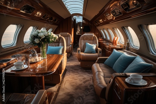 Luxury interior of a private spacious airplane. Generative AI © kardaska