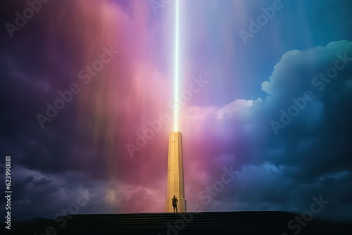 man standing in front of the huge rainbow portal gate, AI