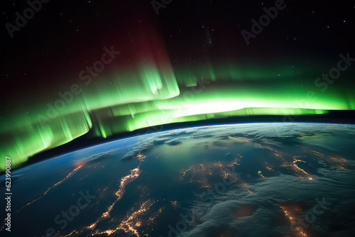 Northern lights on planet Earth. Starry sky with polar lights, Aurora borealis. AI © yurakrasil