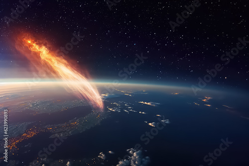 asteroid falls to the ground against a starry sky. AI