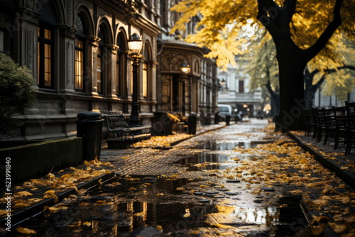Autumn city rainy landscape, orange golden foliage, fall wallpaper, AI Generated