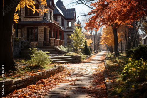 Autumn city landscape, orange golden foliage, fall wallpaper, AI Generated